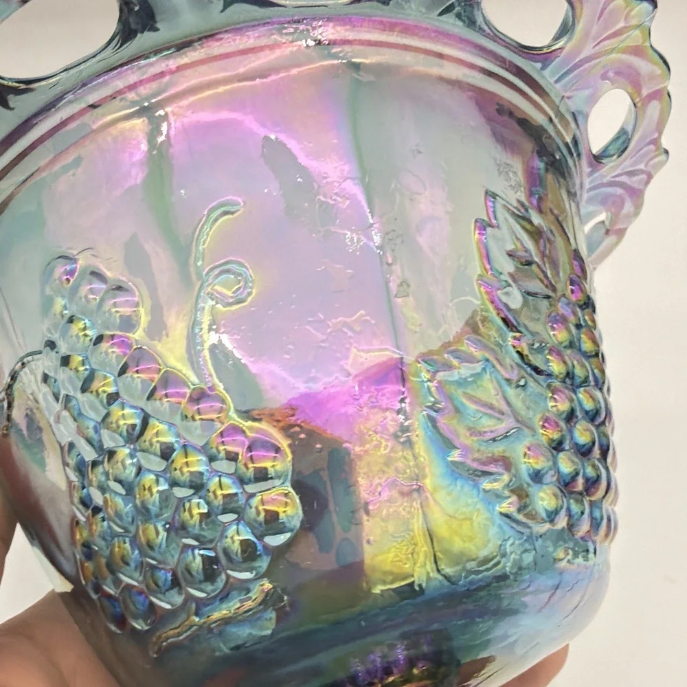 Vtg Indiana Harvest Grape Carnival Glass Covered Candy Dish Laced Pedestal Mint